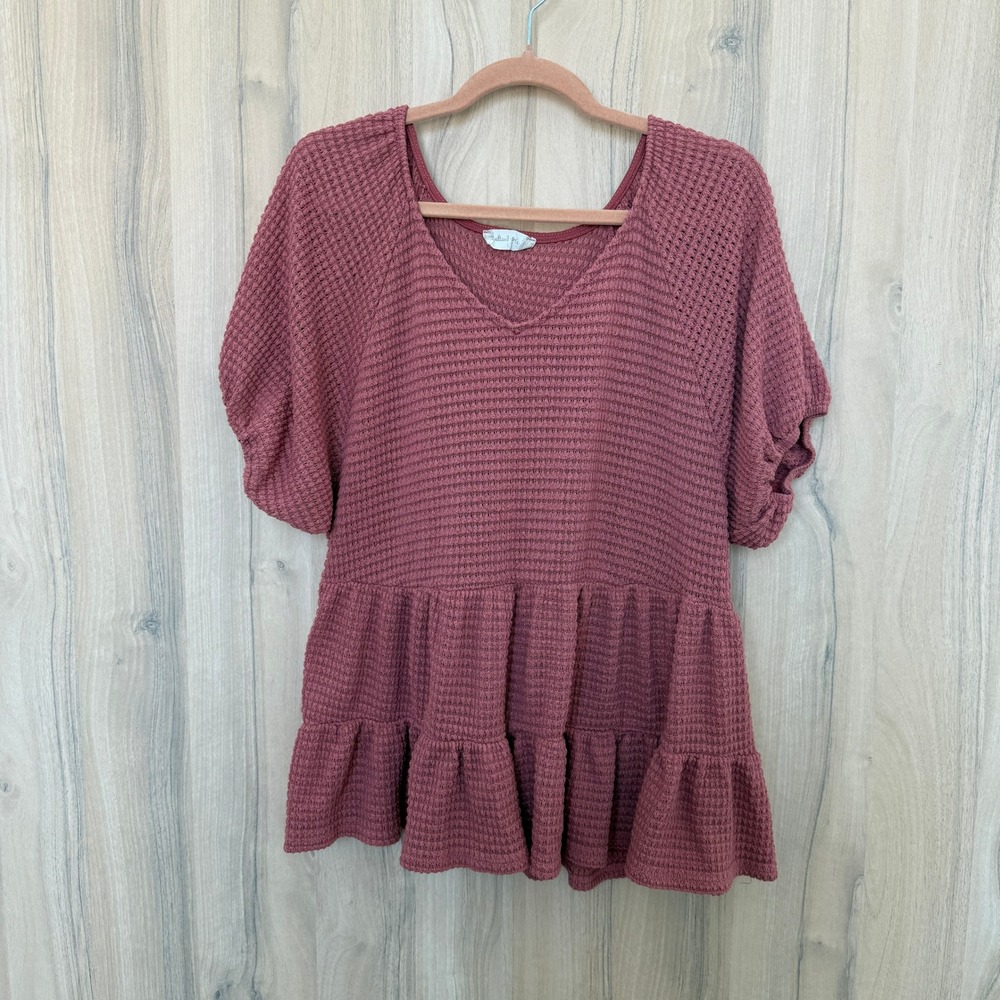 Altar'd State Peplum Top L Pink Waffle Knit Tiered Short Sleeve Cottage Romantic